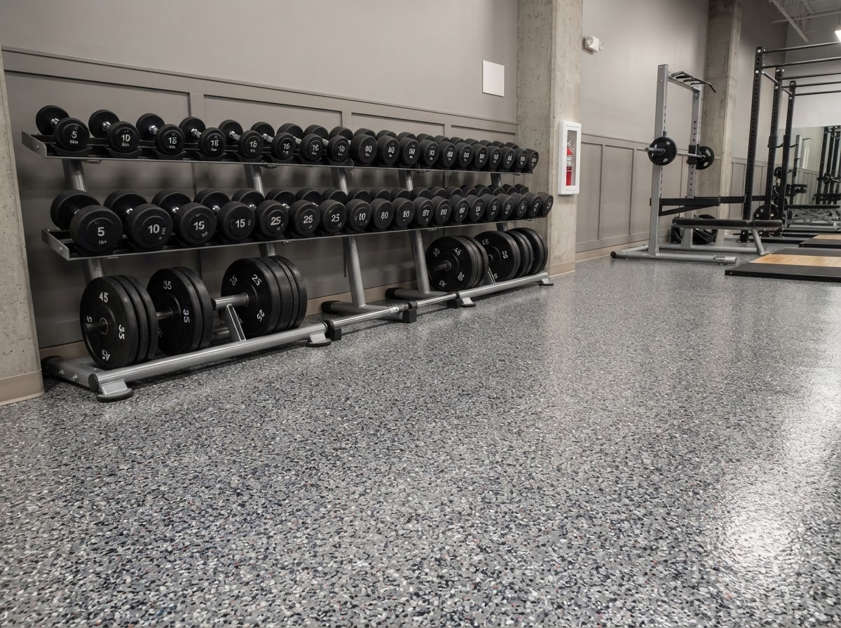 Sealed flake epoxy floor coating in a commercial gym weight area near Erie PA