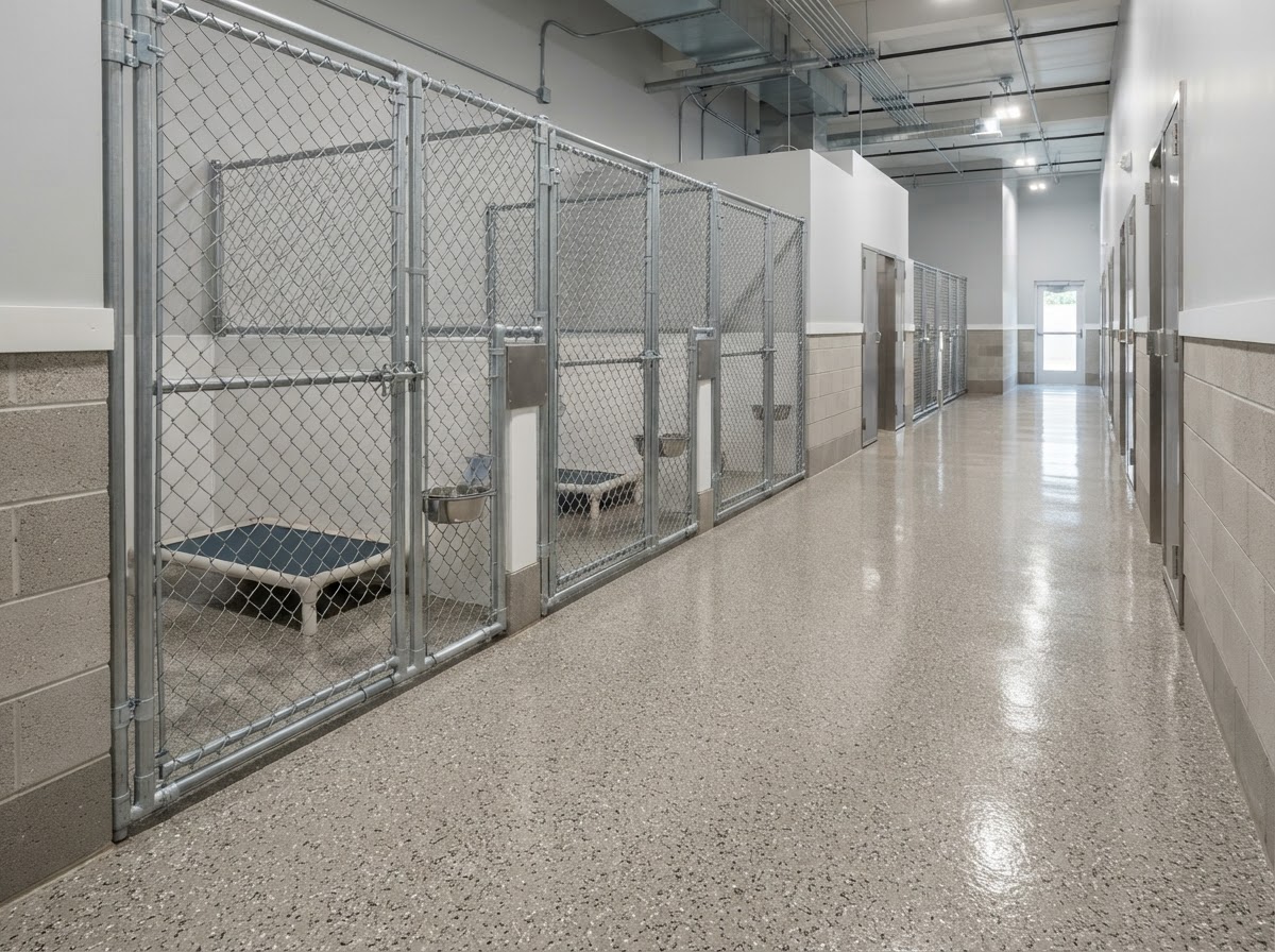 Sealed epoxy floor coating in a dog kennel concrete floor near Erie PA