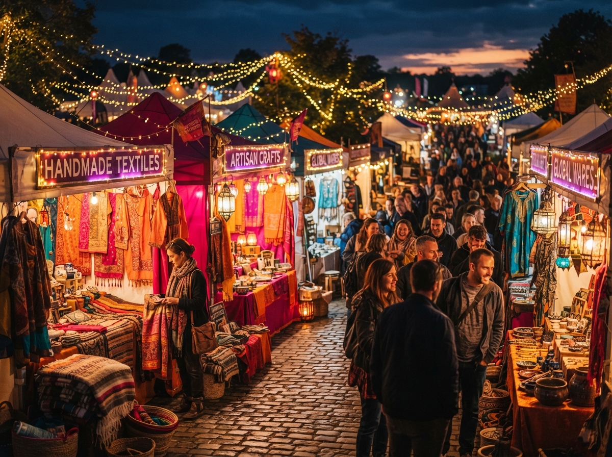 Colorful market stalls with handmade crafts at Taste of Africa