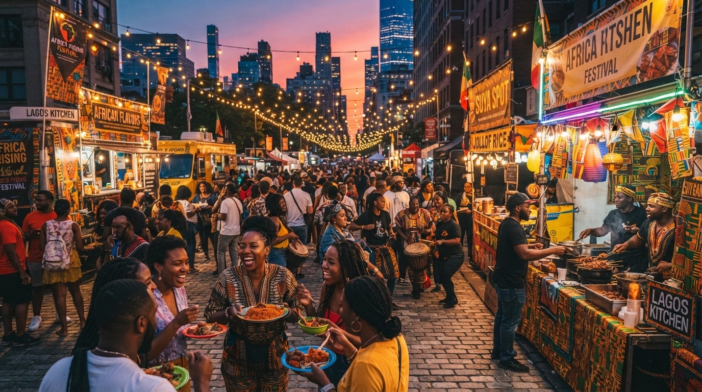 Vibrant outdoor evening cultural festival at The Landing with food stalls, music, and a diverse crowd