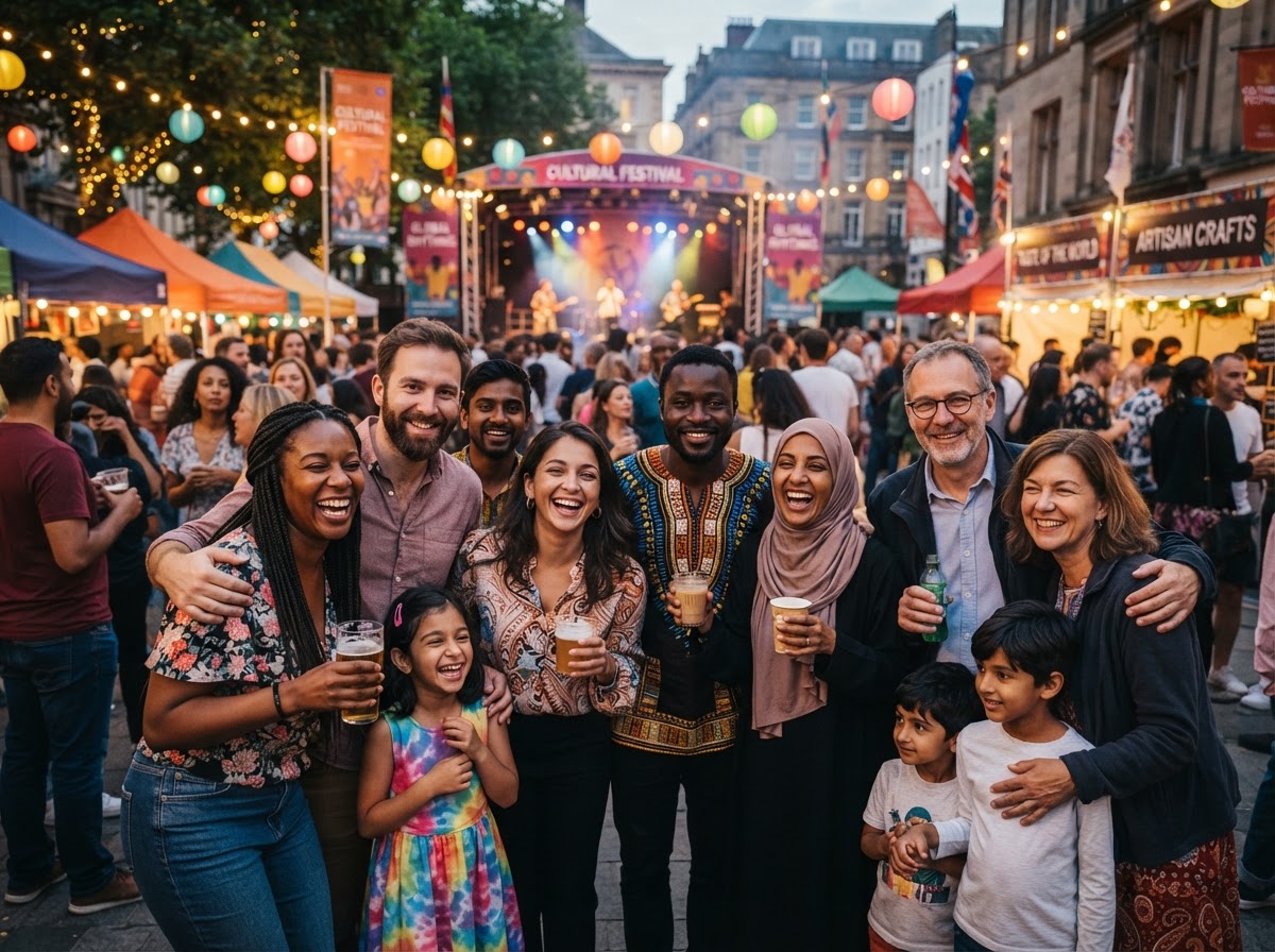 Diverse friends and families enjoying an outdoor evening festival