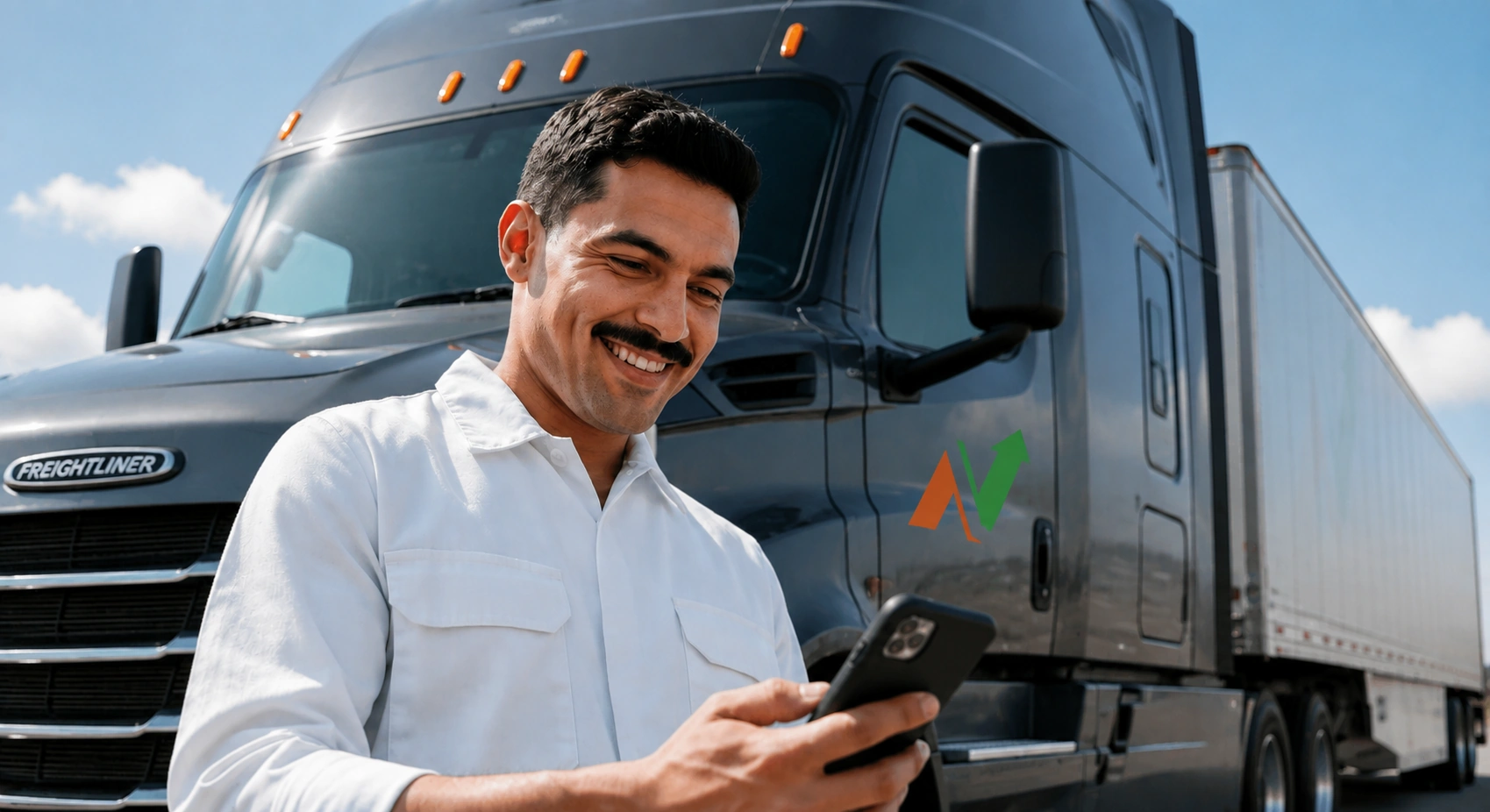 Nena Trucking Freightliner driver checking phone for settlements