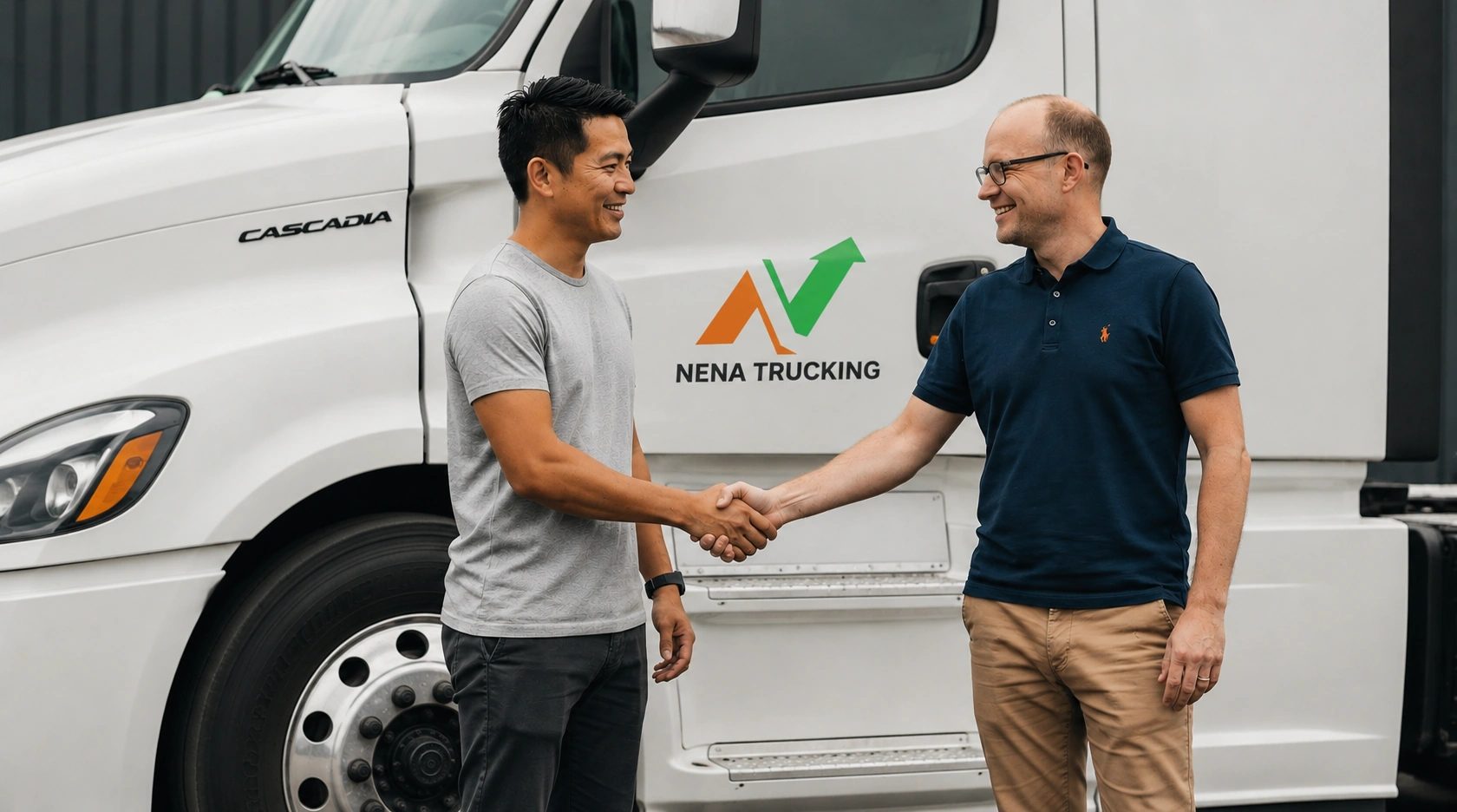 Driver and dispatcher handshake in front of Nena Trucking Cascadia