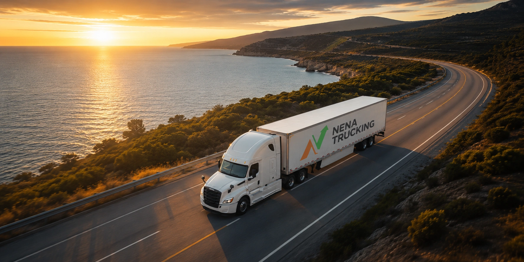 Nena Trucking Freightliner semi truck on coastal highway at golden hour sunset