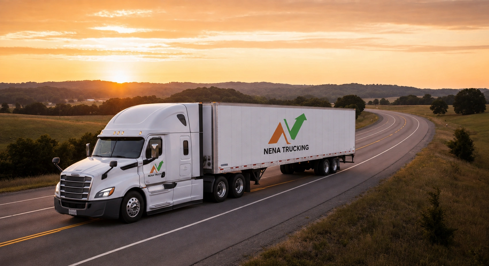 Nena Trucking semi truck on highway at sunset