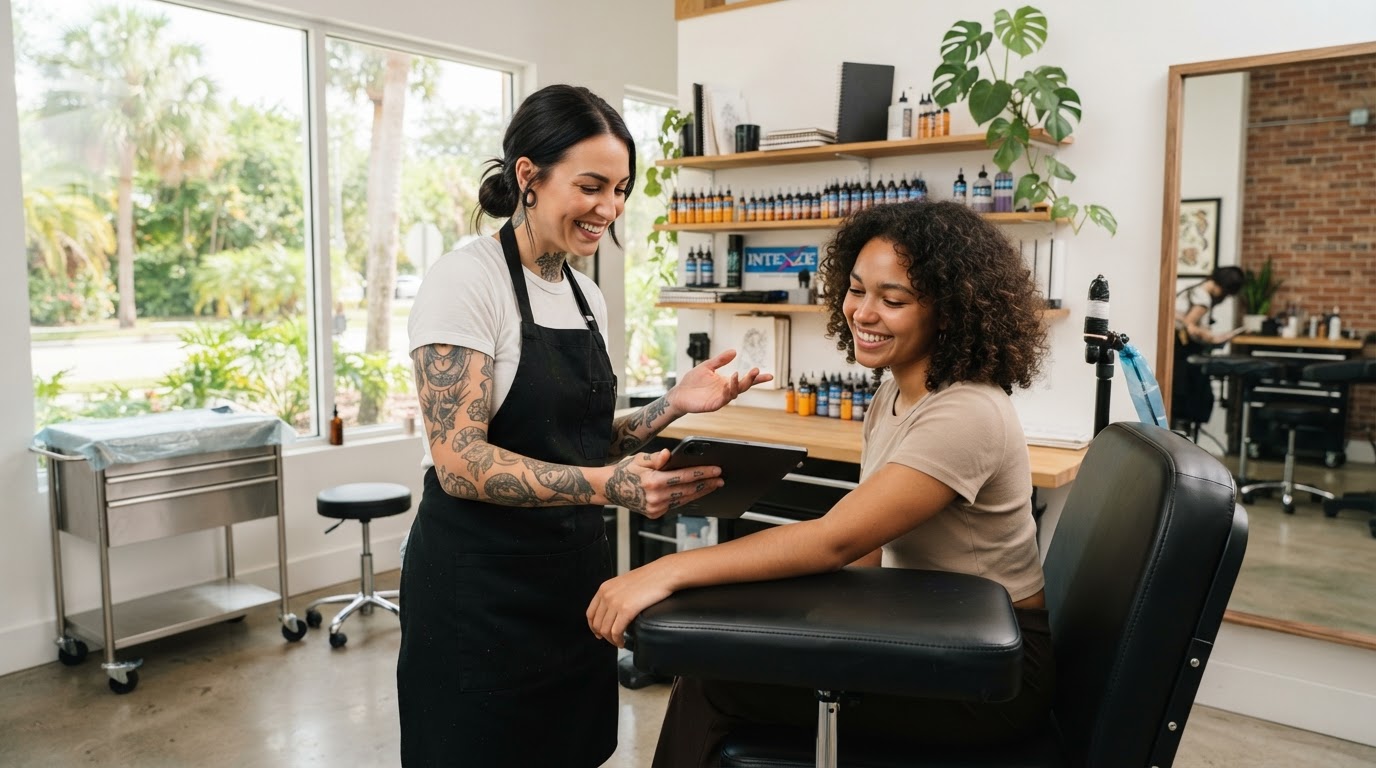 Professional tattoo artist consulting with client in a modern clean Florida tattoo studio