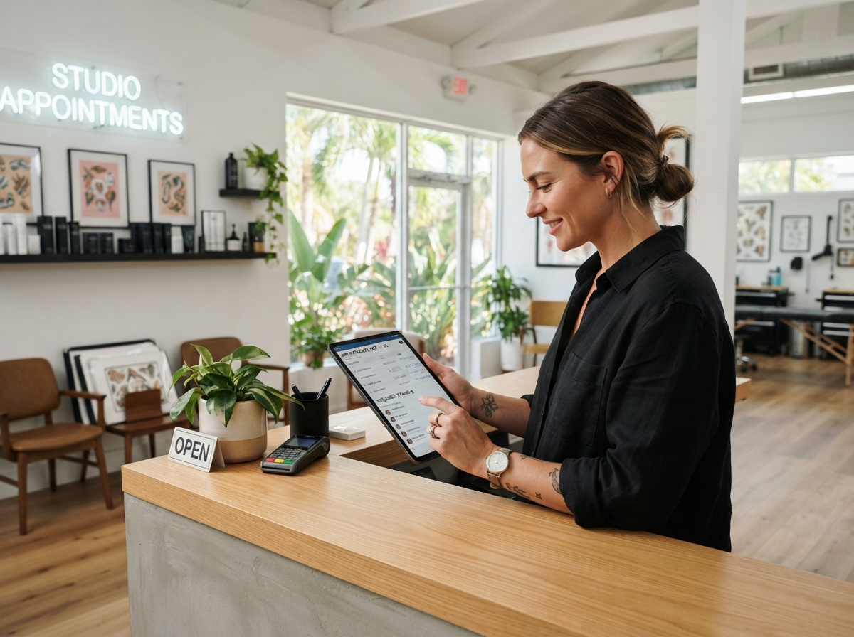 Tattoo studio owner reviewing inquiries and calendar on a tablet