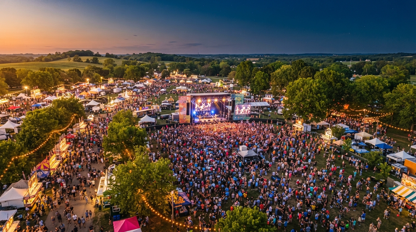 Aerial view of a vibrant outdoor community festival at golden hour with crowds enjoying live music.
