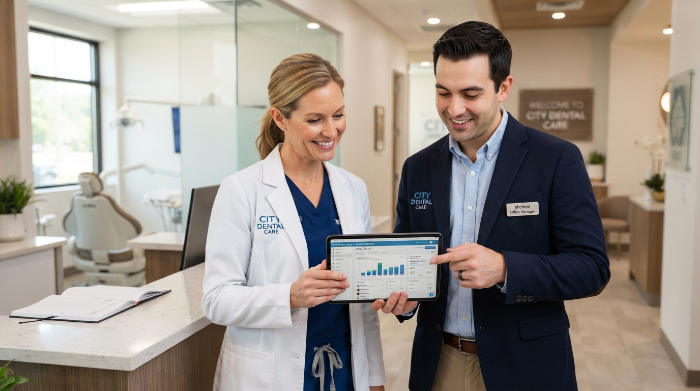 Dental Office Manager and Dentist reviewing DentalPass Pro Membership Software