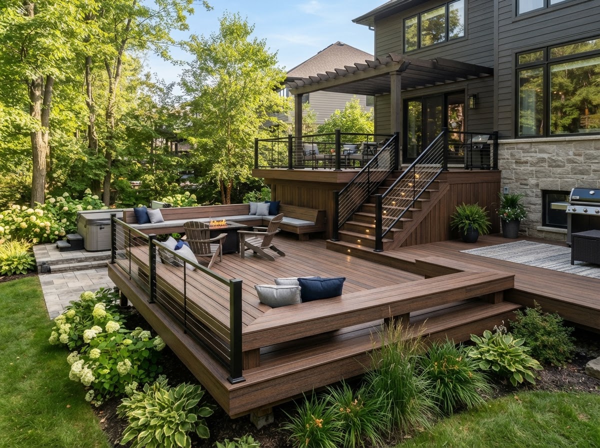 Multi-level composite deck with built-in bench seating