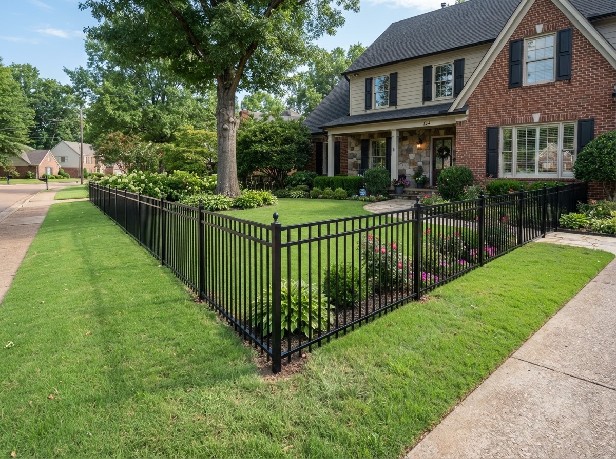 Black aluminum residential fence along a Memphis front yard