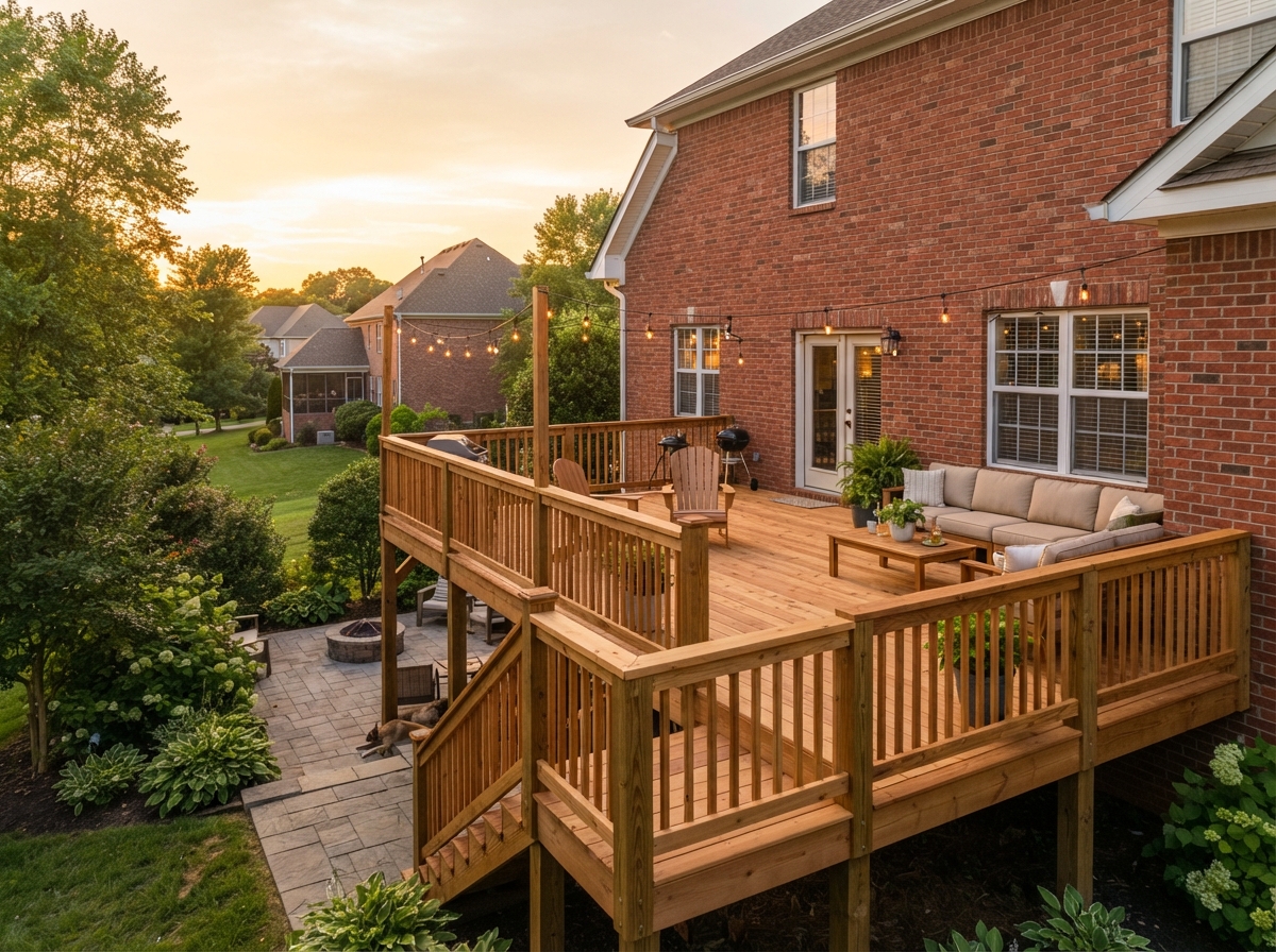 Cedar deck with railing attached to a brick Tennessee home