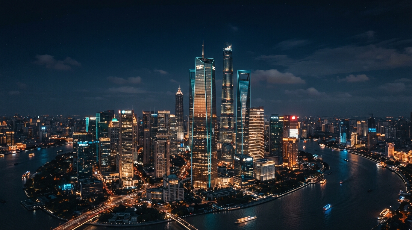 Modern financial district skyline at dusk with glass skyscrapers