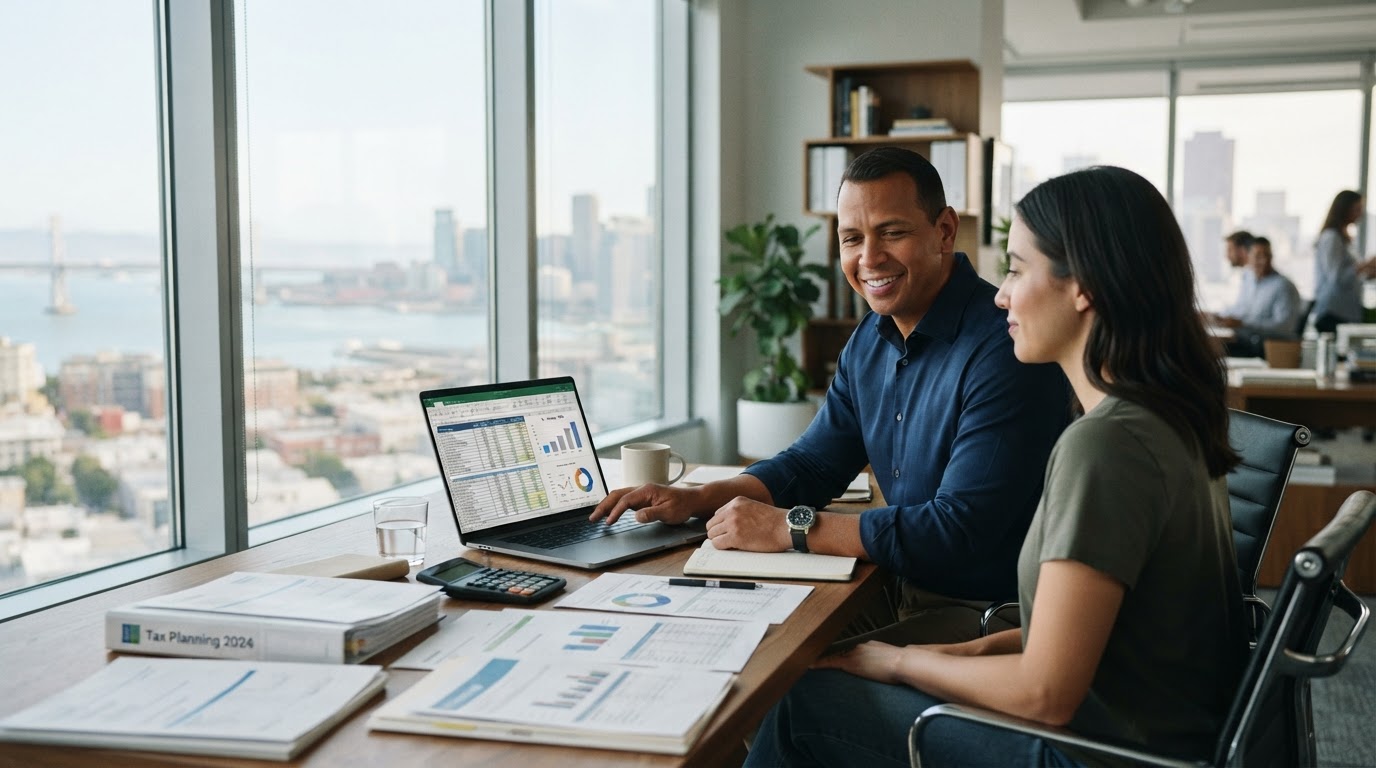 Tax advisor and client reviewing a tax planning strategy on a laptop in a modern office