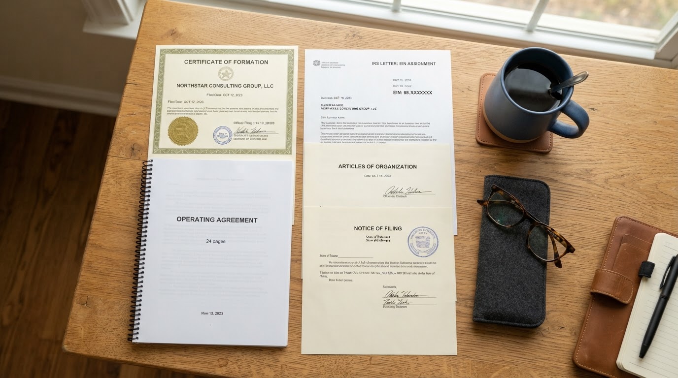 Overhead close-up of newly filed LLC formation documents, EIN confirmation, and operating agreement on a warm wood desk