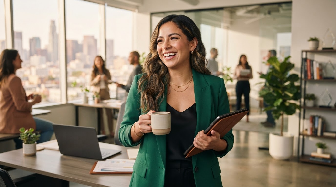 Confident Latina business owner smiling in a bright modern office