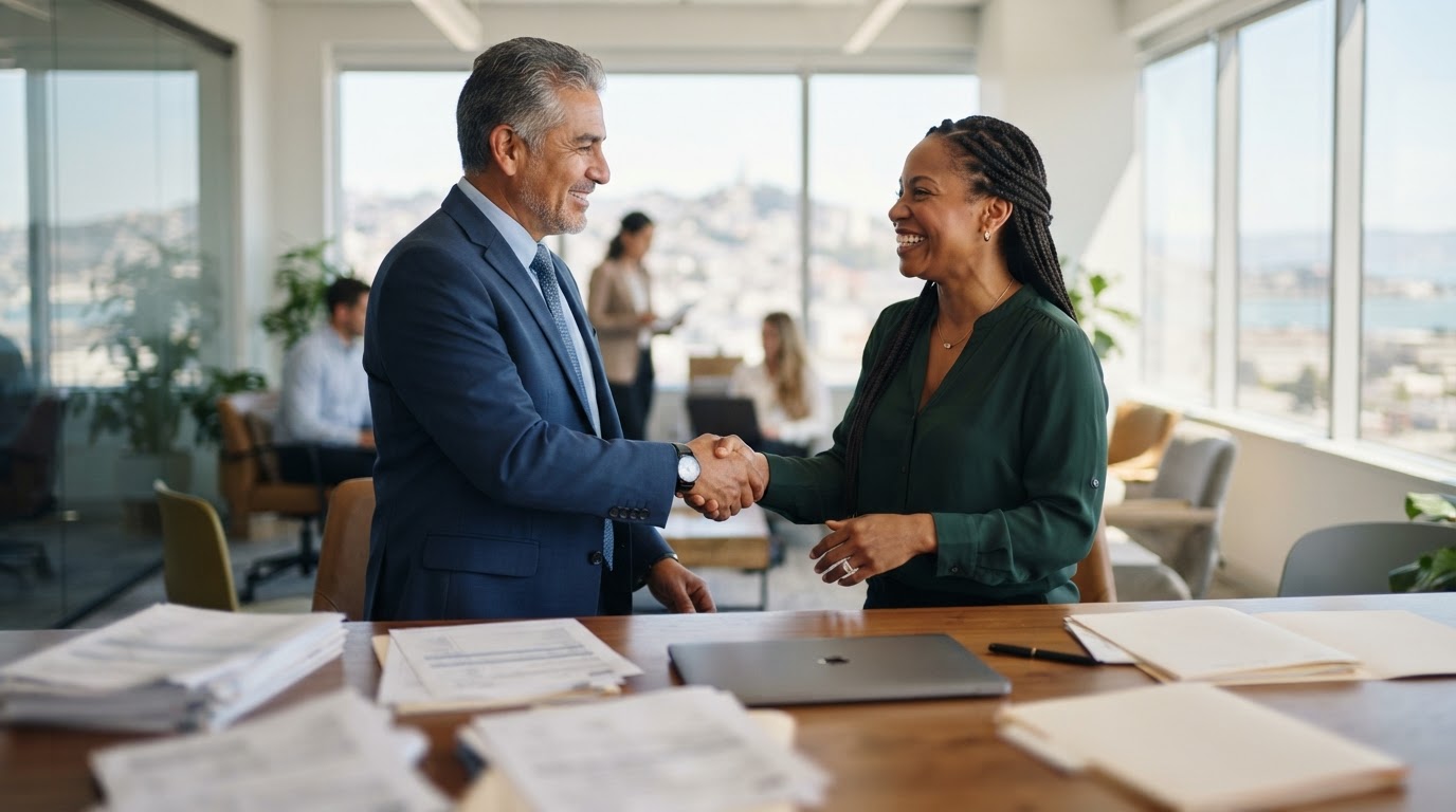 Warm handshake between a seasoned tax advisor and a relieved business owner in a sunlit office