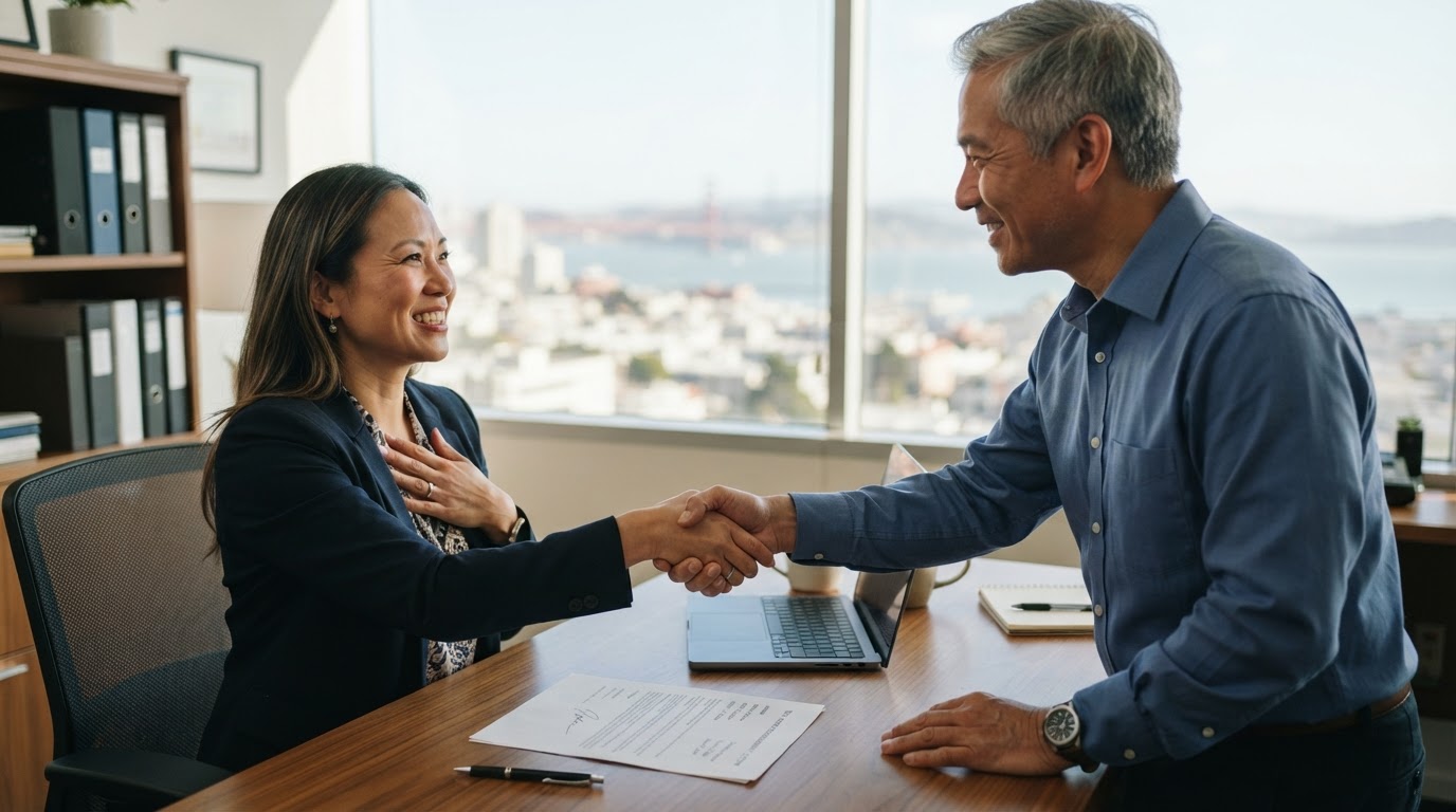 Relieved Asian American business owner shaking hands with a tax advisor after signing an engagement letter