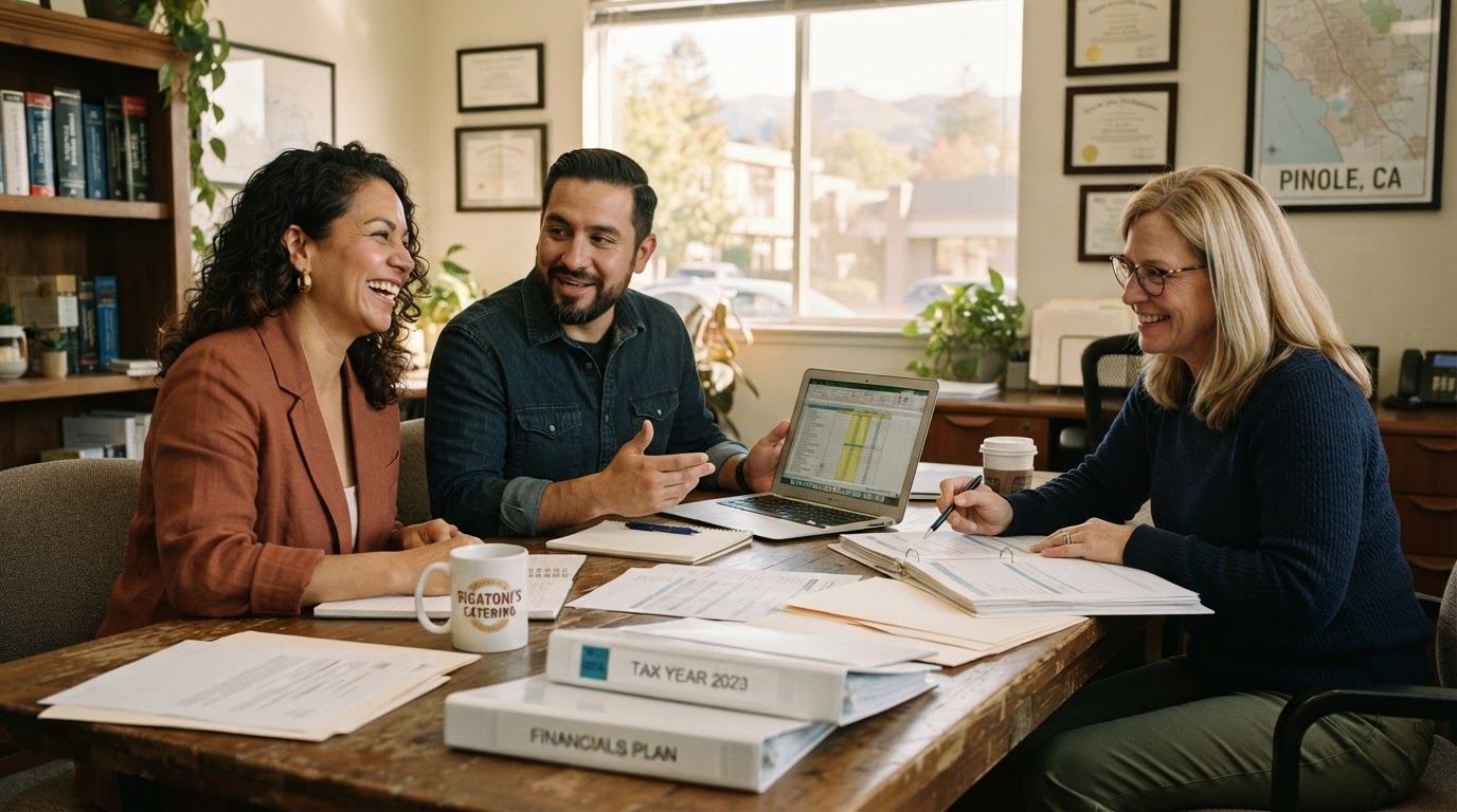 Two Latino business owners having a relaxed tax planning conversation with an advisor in a sunlit office