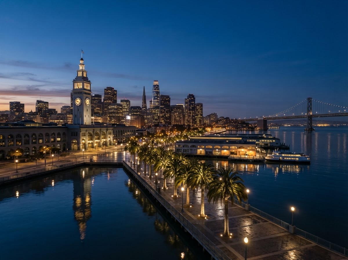 San Francisco Embarcadero waterfront at blue hour with ferry terminal