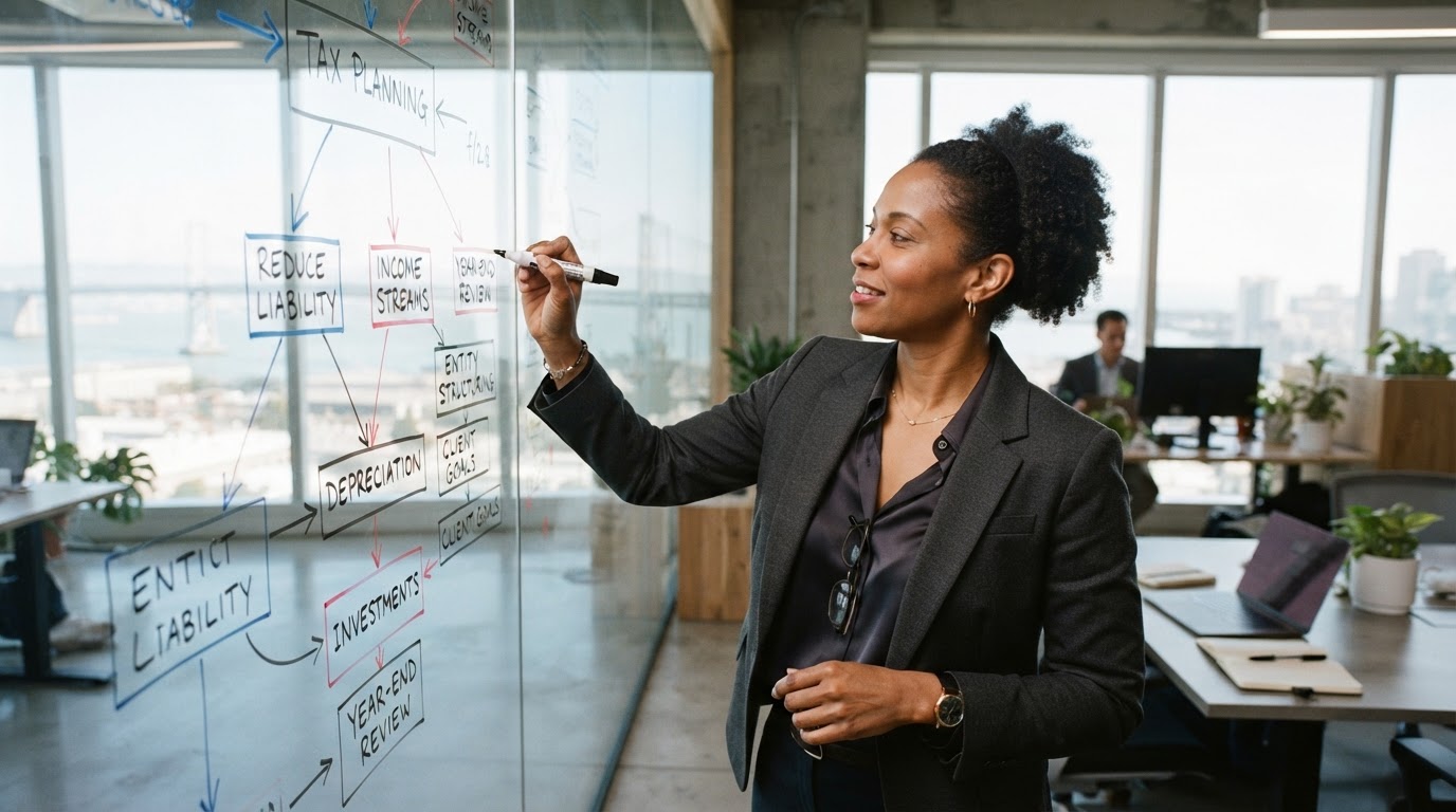 African American woman tax professional drawing a tax strategy flowchart on a glass whiteboard