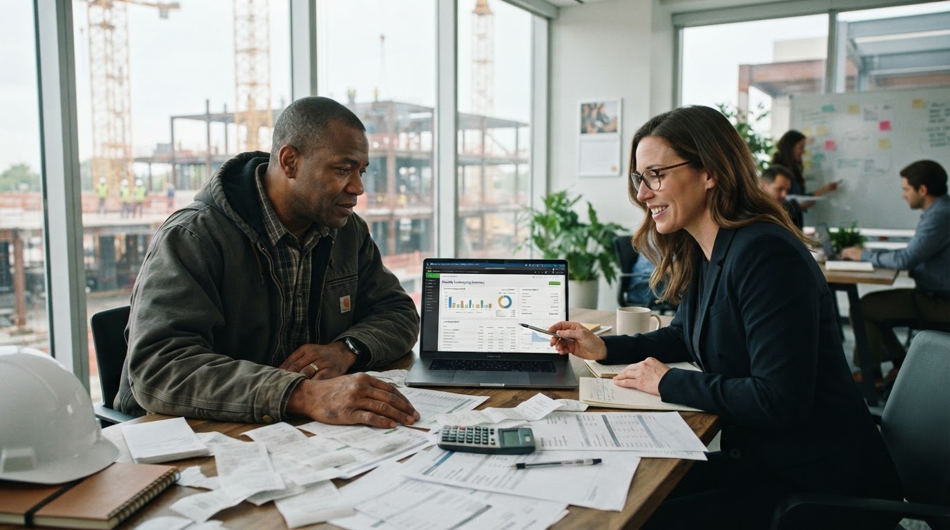 Black male construction contractor meeting with a female bookkeeper to review a monthly bookkeeping summary and expense reports on a laptop