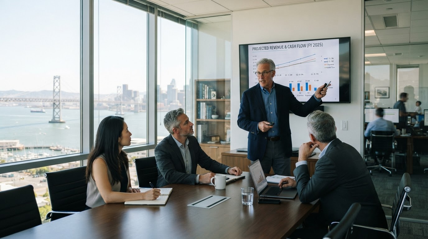 Senior tax advisor presenting a revenue and cash flow chart to business partners in a bright advisory office