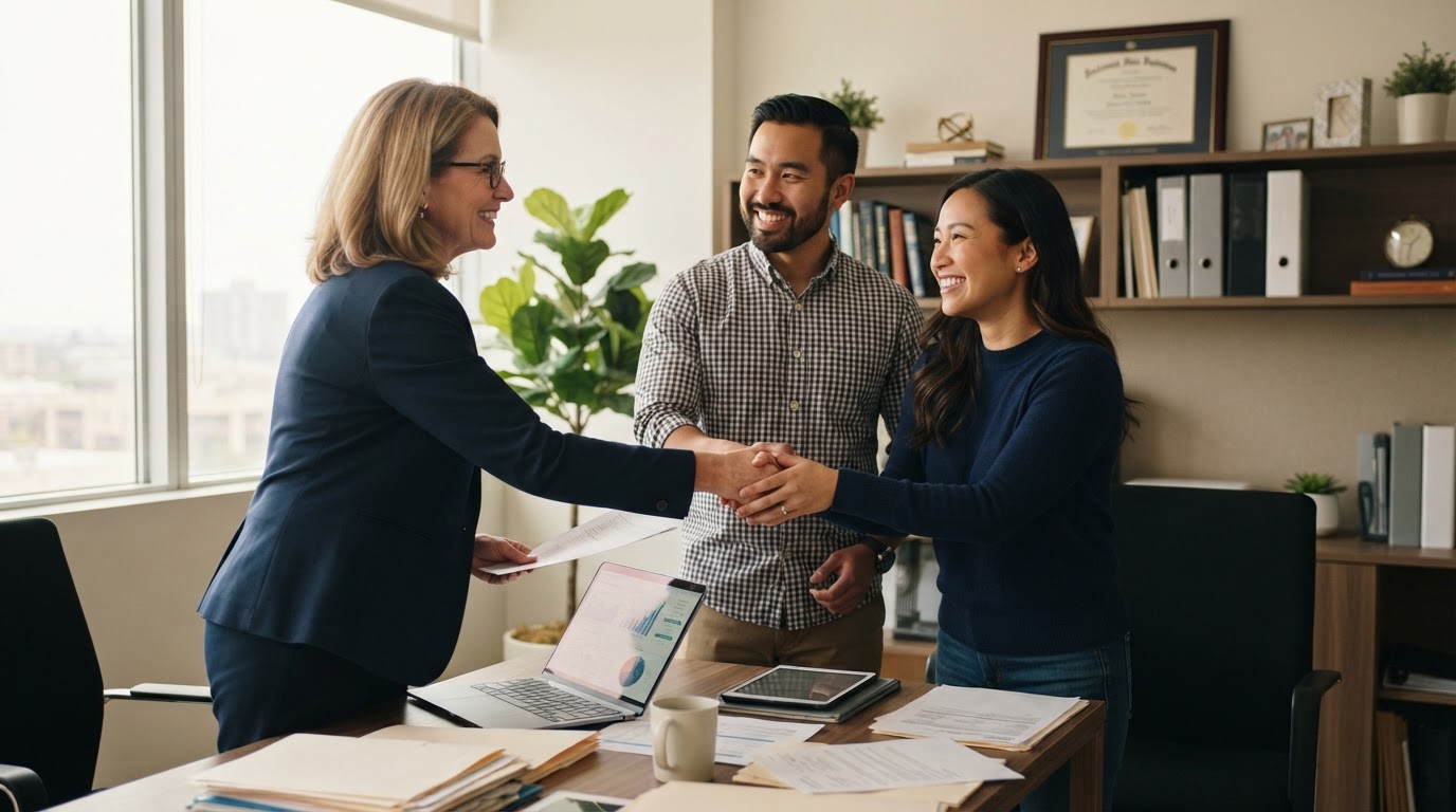 Asian-American business owners shaking hands with their tax advisor