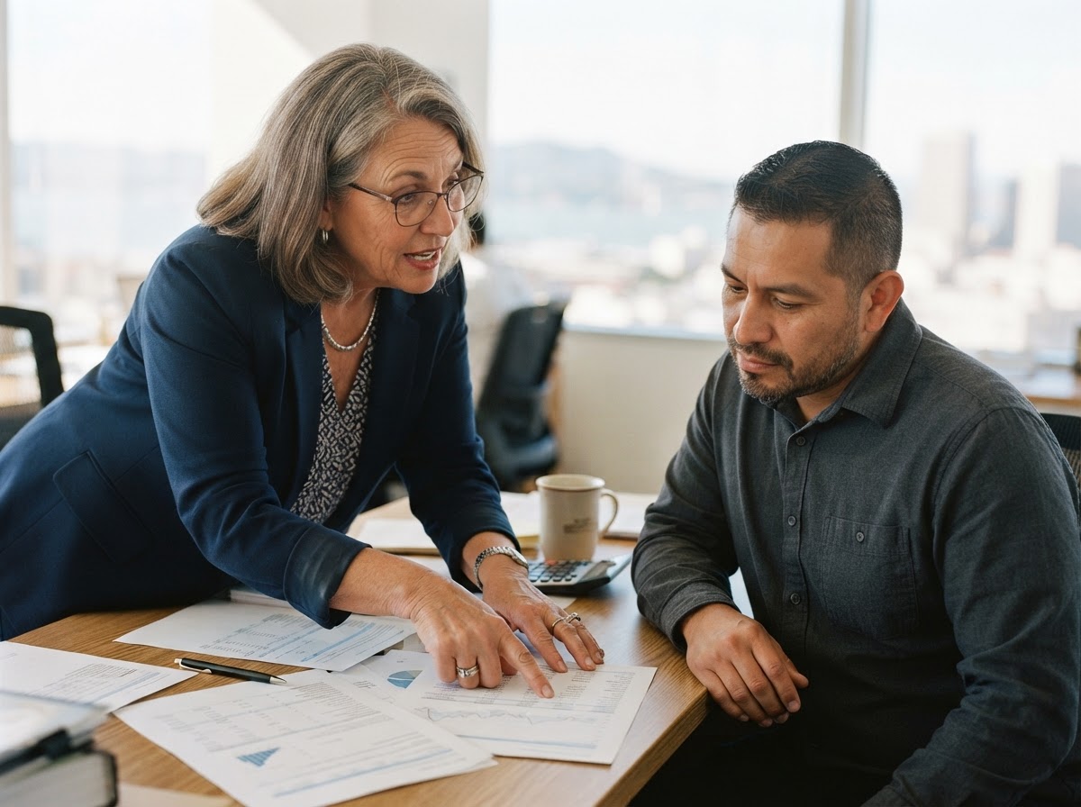 Senior female tax advisor explaining a financial statement to an attentive client at a desk