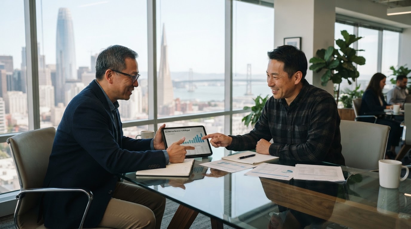 Asian male business owner and a male tax accountant reviewing a balance sheet together in a bright Bay Area office