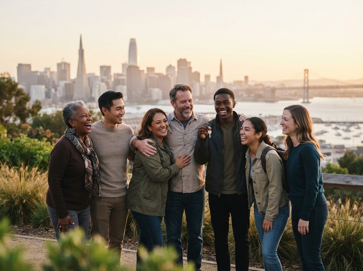 Diverse group of happy Bay Area clients smiling together with a skyline backdrop