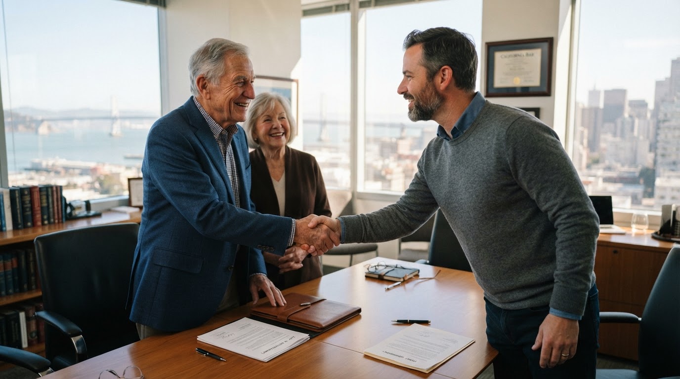 Two family members shaking hands after signing estate and trust planning documents