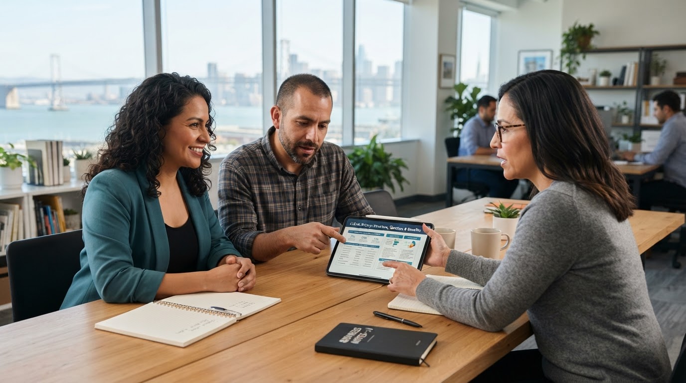 Two Latino business owners reviewing an LLC versus S-corporation comparison chart with a tax advisor in a bright Bay Area office