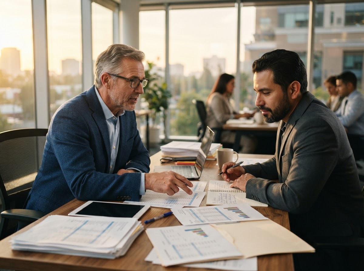 Seasoned male tax advisor in a focused meeting with a Latino business client