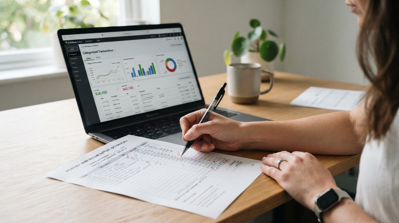 Asian female bookkeeper organizing receipts and financial documents into labeled folders at a tidy desk with a bookkeeping dashboard on a laptop