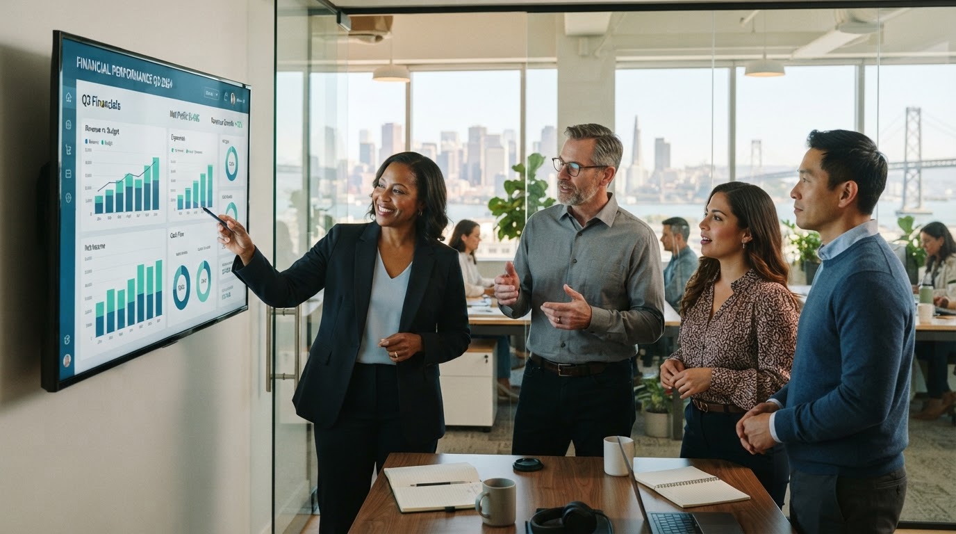 Diverse business owners and an accountant reviewing a financial performance dashboard in a bright Bay Area office