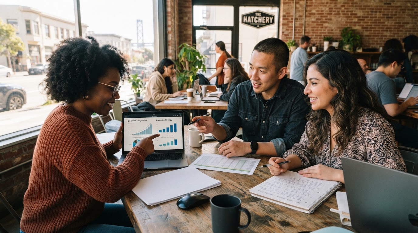 Diverse group of entrepreneurs reviewing business expansion plans and financial projections on laptops in a bright co-working space