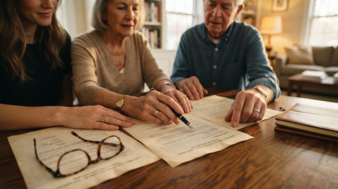 Close-up of family hands reviewing trust and estate documents on a polished wooden table with a fountain pen