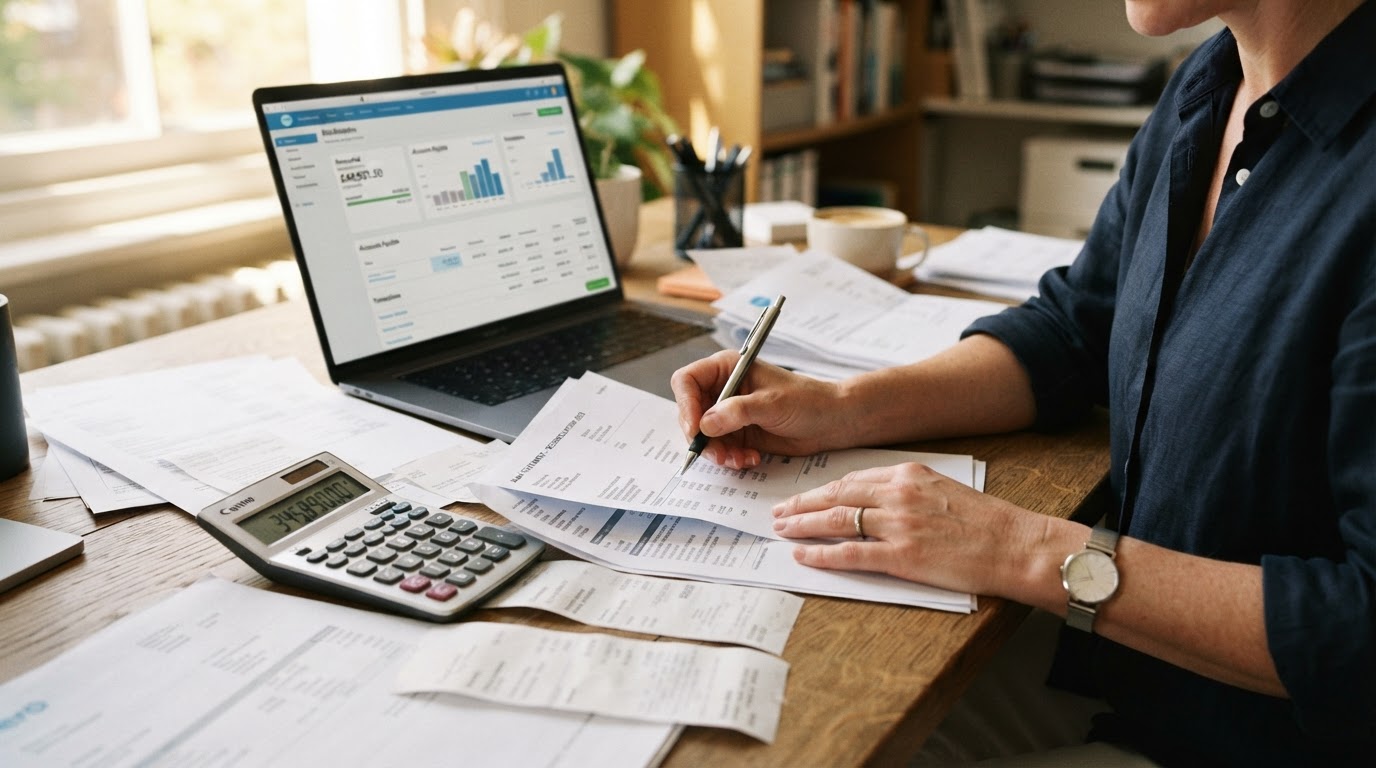 Close-up of hands reconciling a bank statement with a calculator and a bookkeeping dashboard on a laptop