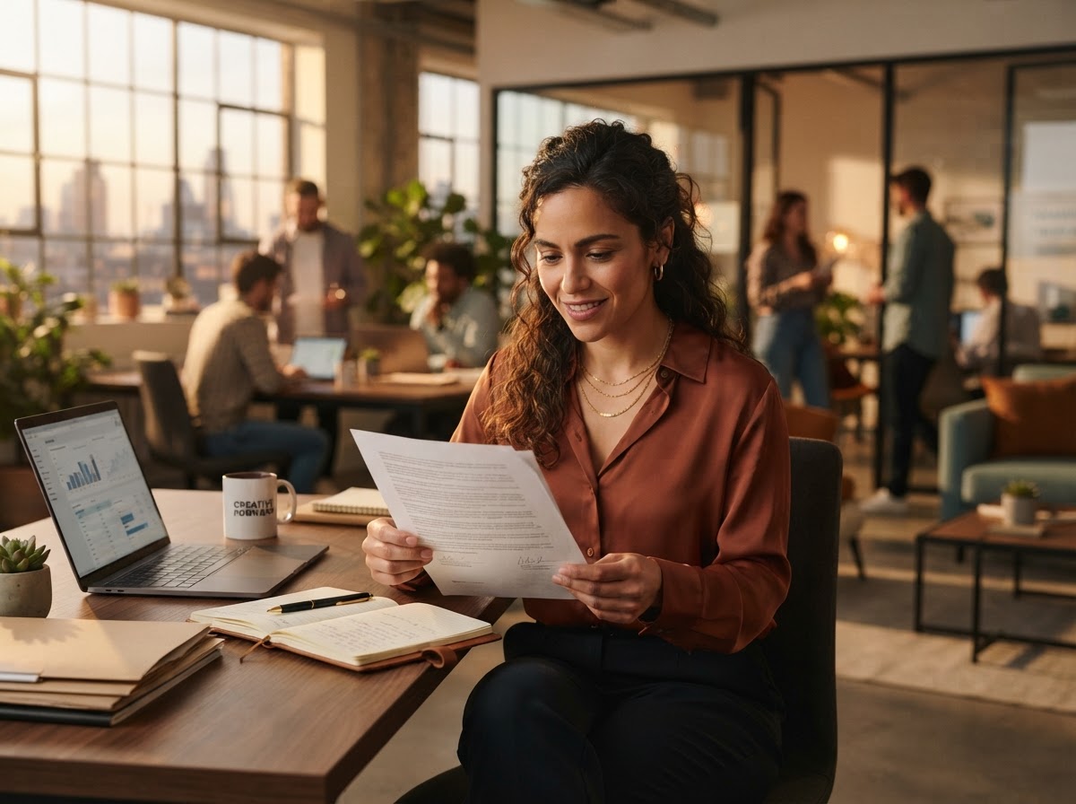 Latina professional consultant reviewing a contract in a modern agency office