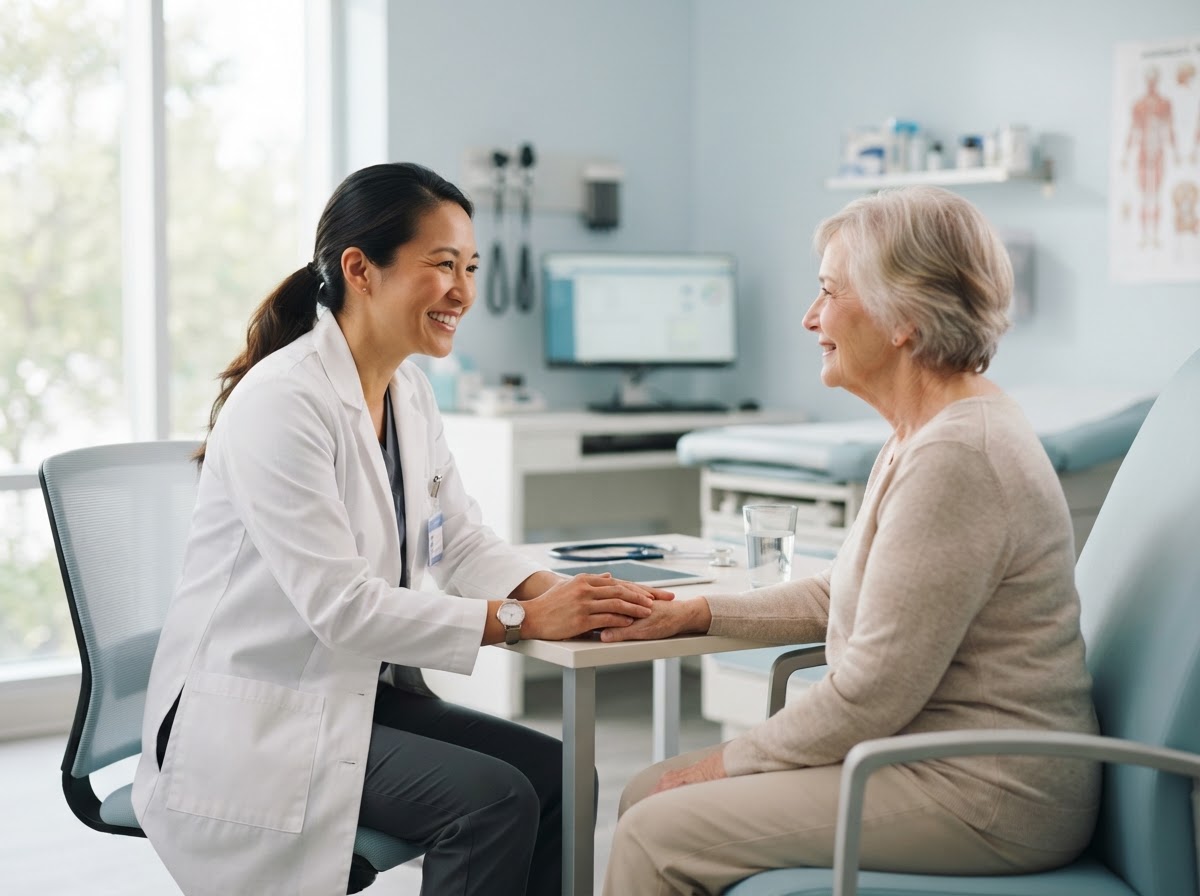 Asian-American healthcare doctor consulting with a patient in a modern clinic