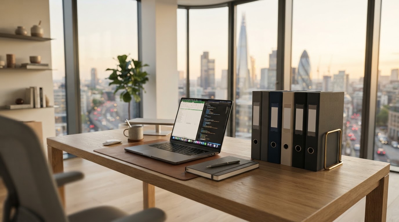 Bright modern professional workspace with organized financial binders and a laptop