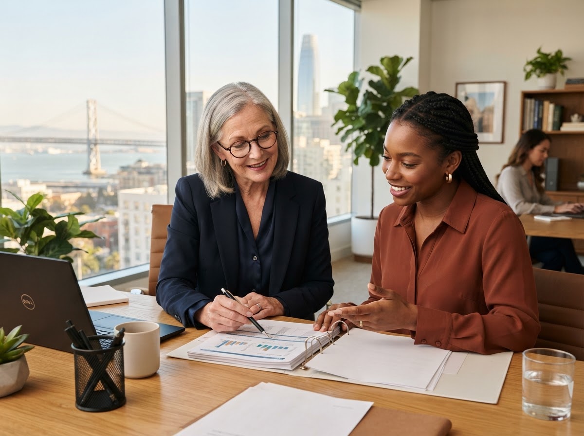 Senior female tax advisor reviewing financial reports with a client in a bright Bay Area office