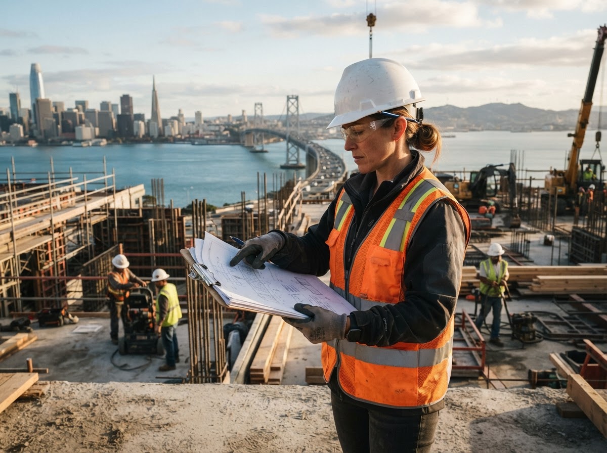 Bay Area construction contractor reviewing blueprints at a build site