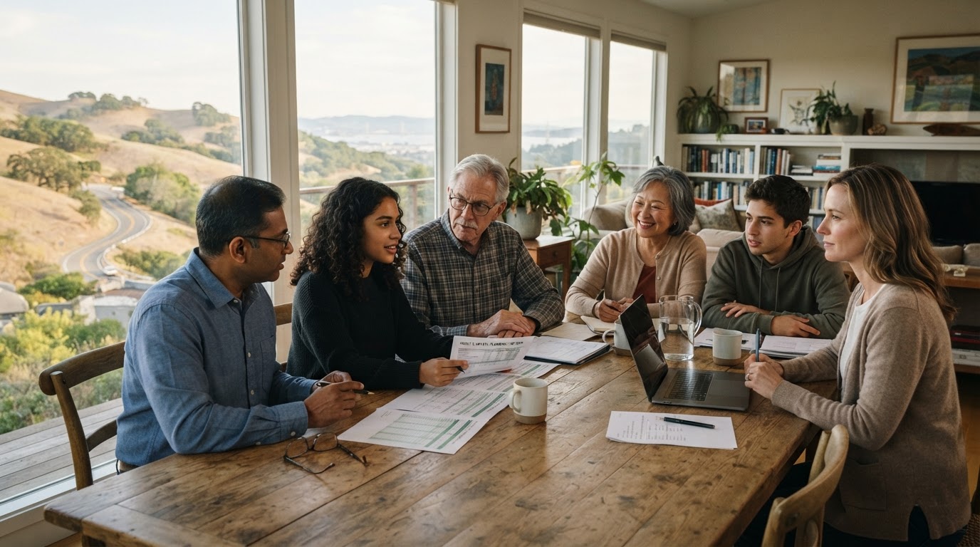Multi-generational family having a relaxed conversation around a dining table with financial documents and hills in the background