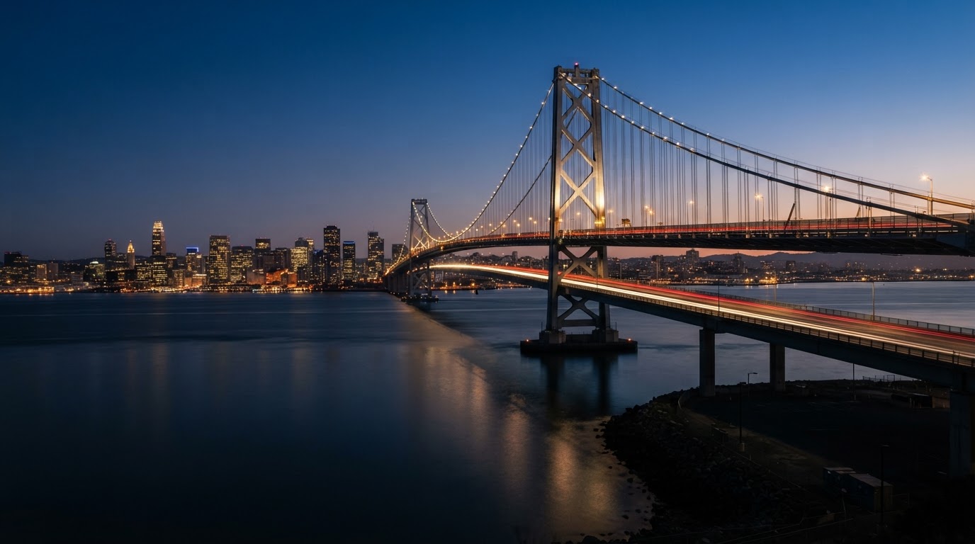 San Francisco-Oakland Bay Bridge at blue hour twilight