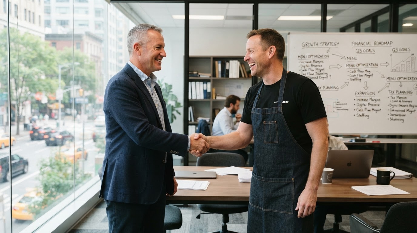 Tax advisor shaking hands with a restaurant owner after finalizing a business growth strategy