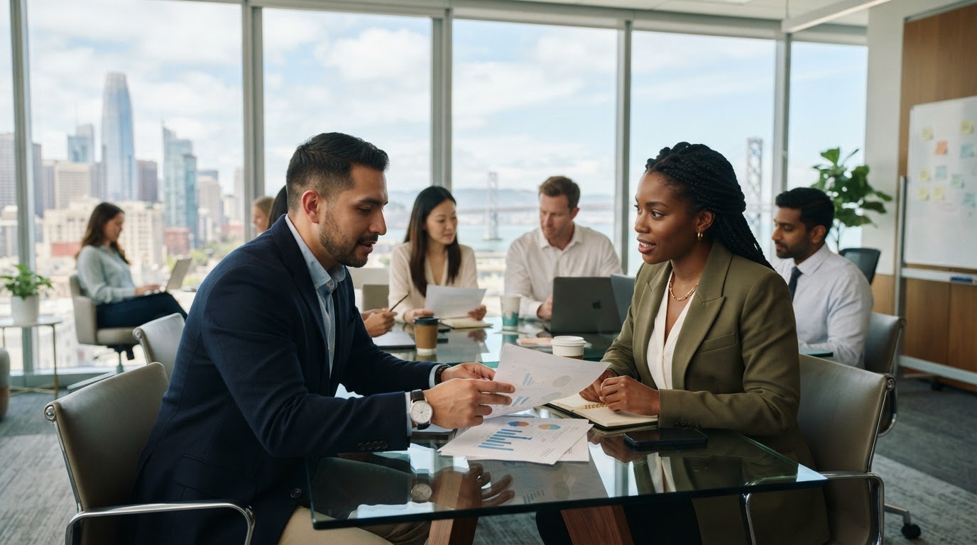 Diverse Bay Area business team collaborating in a bright modern office