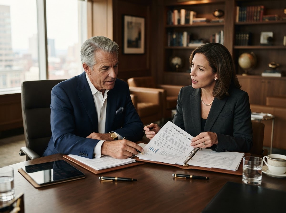 Mature business owner reviewing estate and wealth strategy with a senior advisor