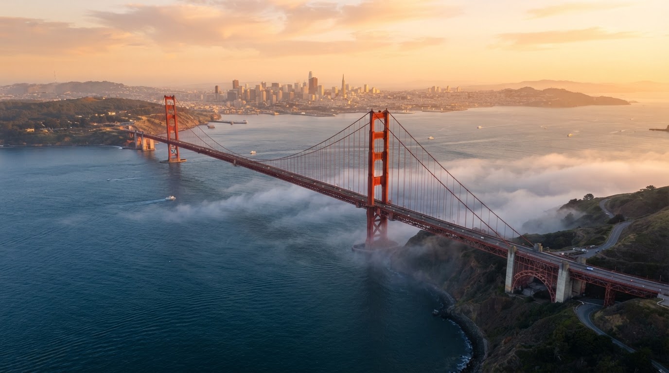 Golden Gate Bridge spanning the San Francisco Bay at sunrise
